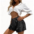 thumbnail image 4 of cocolona Womens Summer Casual Satin Beach Shorts Solid Color Elastic Waist Bow Wide Leg Vacation Lounge Shorts with Pockets, 4 of 5