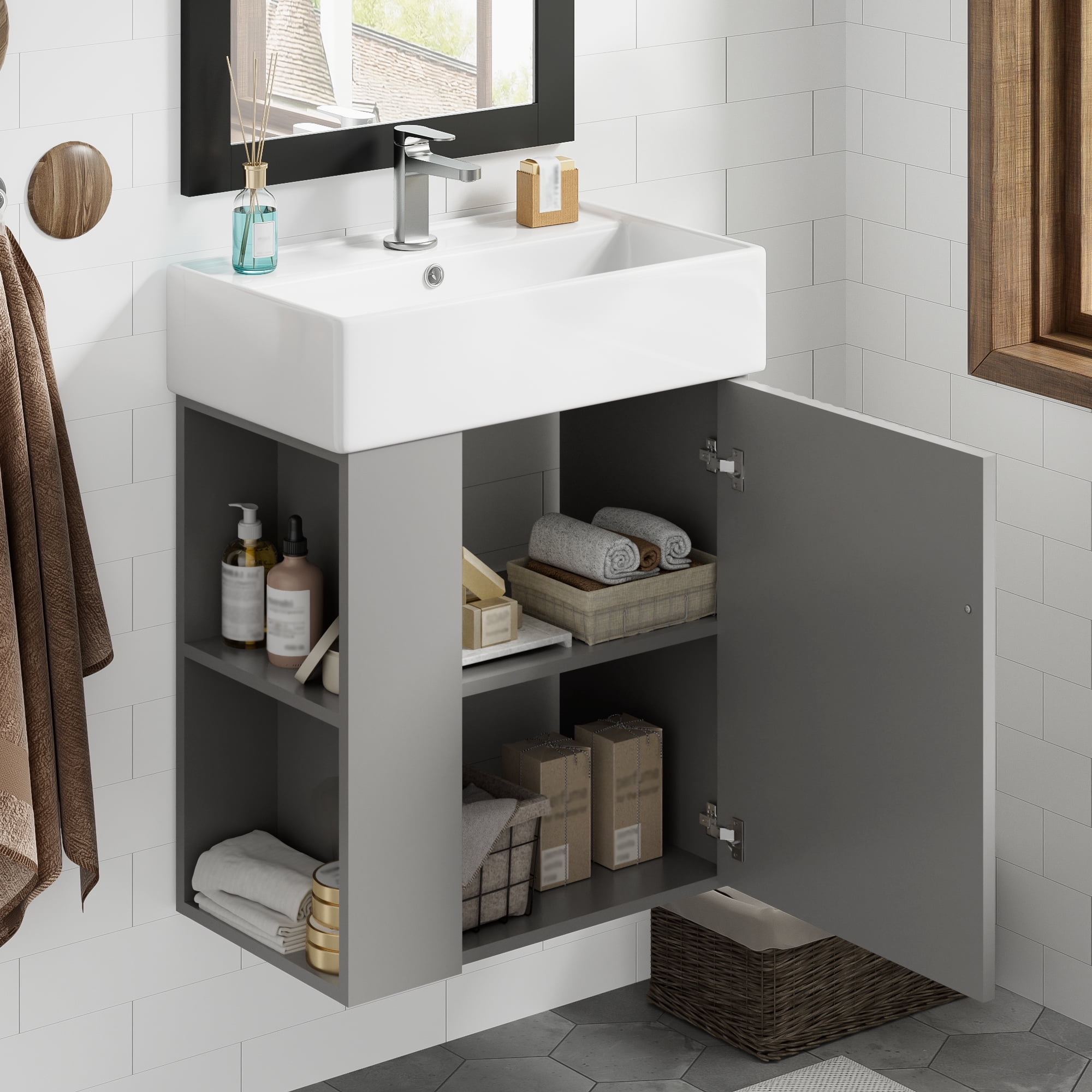Euroco 21.6 inch Modern Floating Bathroom Vanity with Ceramic Basin - Perfect for Small Bathrooms, Left side storage