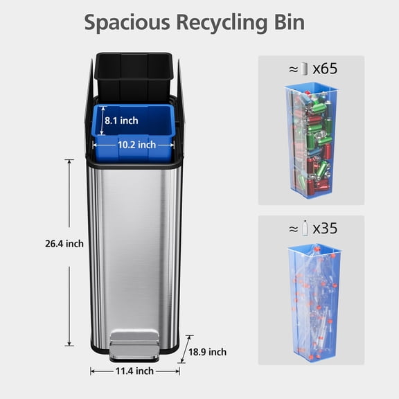 Kojooin Dual Trash Can, 2 x 7.4 Gal (2 x 28L) Slim Stainless Steel Trash Can with Recycling Bin, Butterfly Lid, Step-on Garbage Bin - with Removable Plastic Inner Buckets