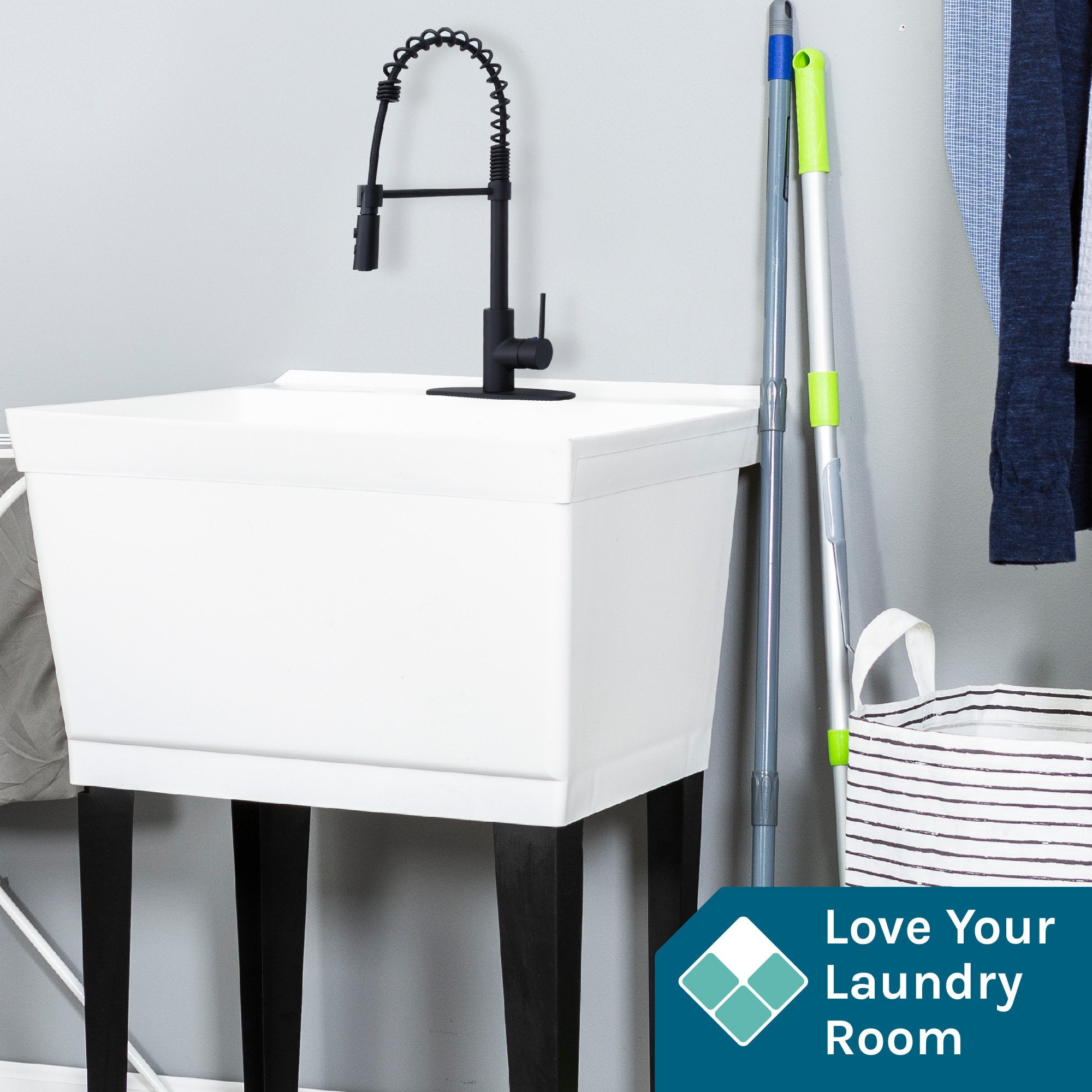 Tehila White 19 Gallon Utility Sink with High-Arc Black Finish Coil Pull-Down Faucet