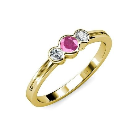 

Pink Sapphire and Diamond (SI2-I1 G-H) Three Stone Ring 0.50 ct tw in 14K Yellow Gold.size 7.0