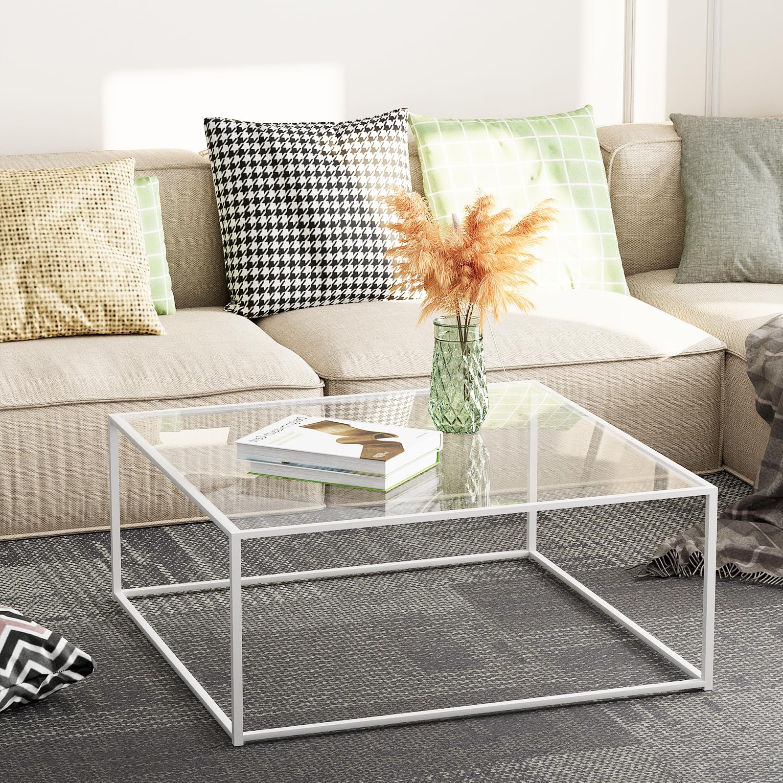 ​​​​​​​​​​​​Glass Coffee Table Square Coffee Table for Small Space,Modern Minimalist Center Table for Living Room Home Office,Tempered Glass-top with Sturdy Metal Frame,Easy Assembly,27 x 27In, White