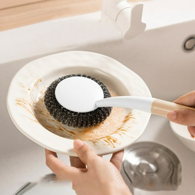 Vrorvz Long Handle Pot Washing Brush with Detachable Steel Wool for Effective Stain Removal Suitable for Kitchen Cooking Utensils Long Lasting and Safe Design for Easy Cleaning