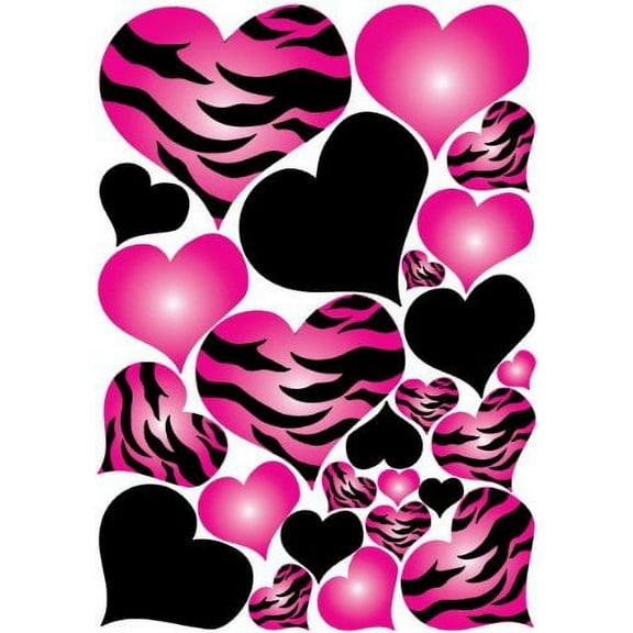 Hot Pink Radial, Zebra Print Heart Wall Decals Stickers/Jungle Safari Hearts Wall Decor