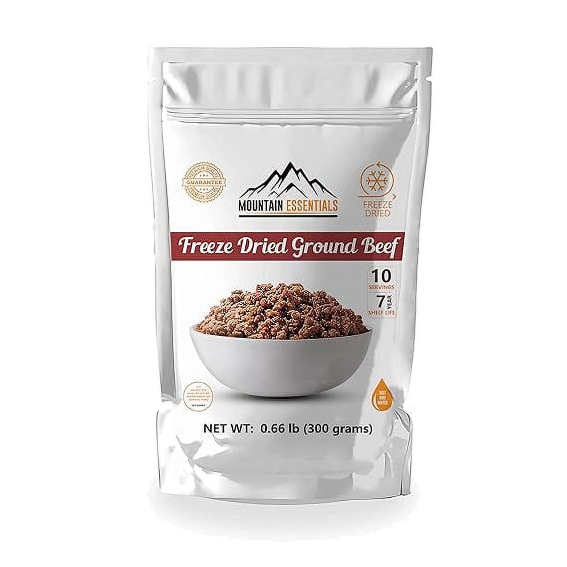 Mountain Essentials Freeze-Dried Ground Beef – Pre-Cooked Ready-to-Eat Hamburger Meat for Meal Prep, Camping, Emergency Food – 10 Servings per Pouch – Pack of 12