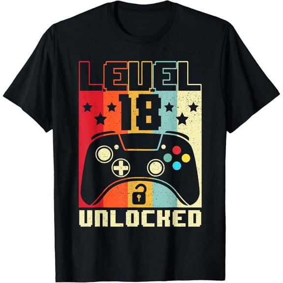 Level 18 Unlocked Shirt Funny Video Gamer 18th Birthday Gift T-ShirtMen and women, Black T-shirt, size: Extra large