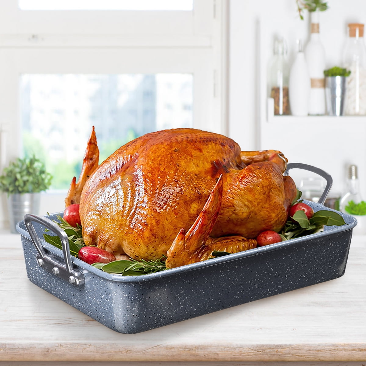 Nonstick Roasting Pan & Rack Set, Dishwasher Safe Roaster and Removable Wire Grill Rack, Easy