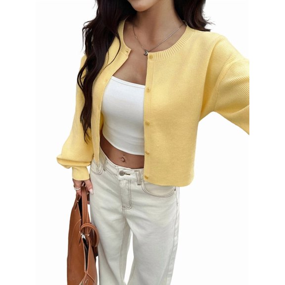 Women Button Up Cardigan Fall Trendy Crew Neck Long Sleeve Knit Cropped Sweater Jacket Yellow XL