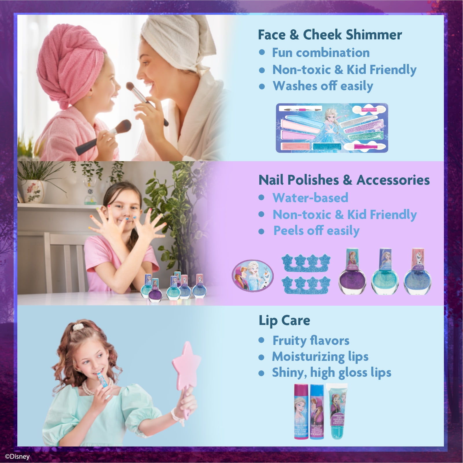 Disney Frozen Train Case Beauty Set, Kids Makeup Kit for Girls, Real Washable Makeup Set, Play Makeup, Party Favor, Birthday, Ages 3+ by Townley Girl