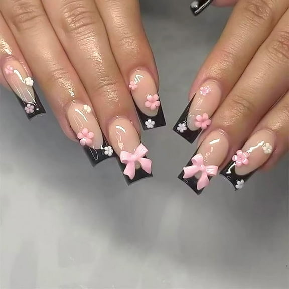 Leopard French Tip Press on Nails Short Square Fake Nails Glossy Pink Full Cover 3D Black Bow Designs Glue on Nails Cute False Nails Reusable Stick on Nails for Women Manicure DIY 24Pcs 2 style6