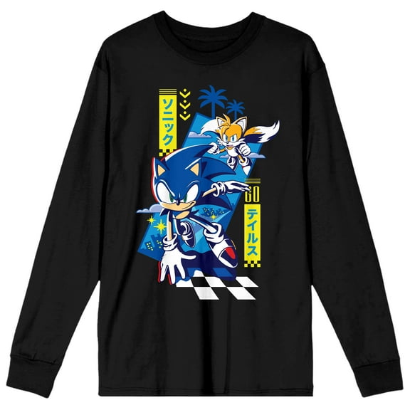 Sonic The Hedgehog & Tails Men's Black Long Sleeve Shirt-Large