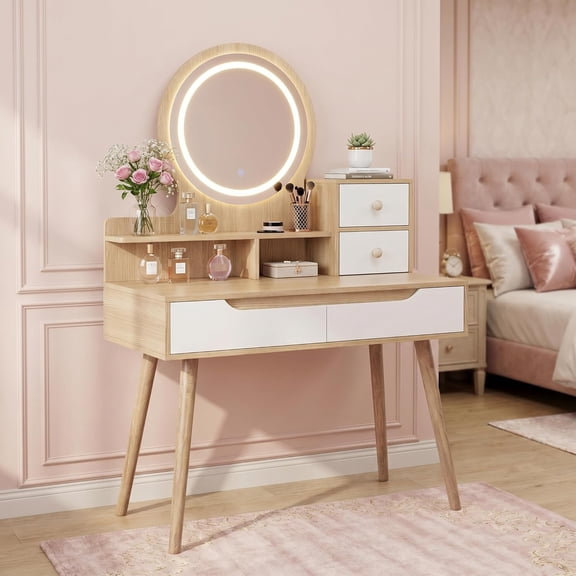 31.5" Modern Vanity Desk with Mirror and Lights, Walnut Makeup Vanity with Chair, Vanity Table with 2 Drawers and Open Storage Shelves, Lighted Mirror, Dressing Table for Bedroom