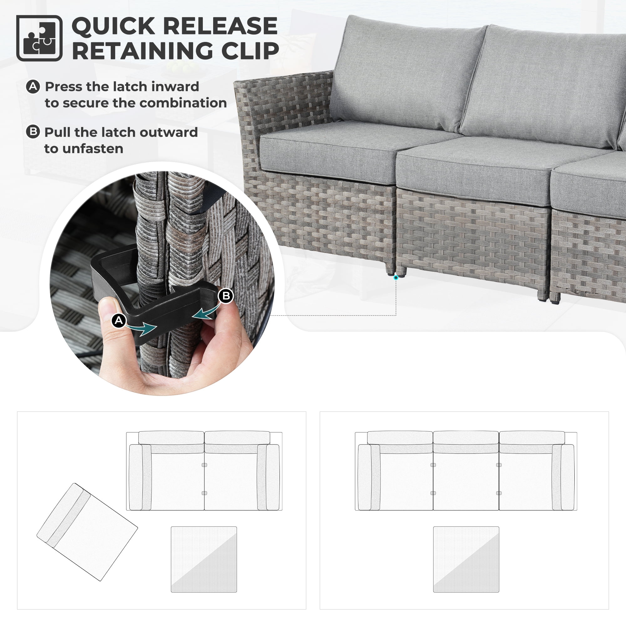 XIZZI 6-Pieces Outdoor Patio Furniture Sets Fully Assembled, Rattan All-weather Outdoor Sectional Conversation Sofa set with Coffee Table for Garden Backyard, Grey Cushion