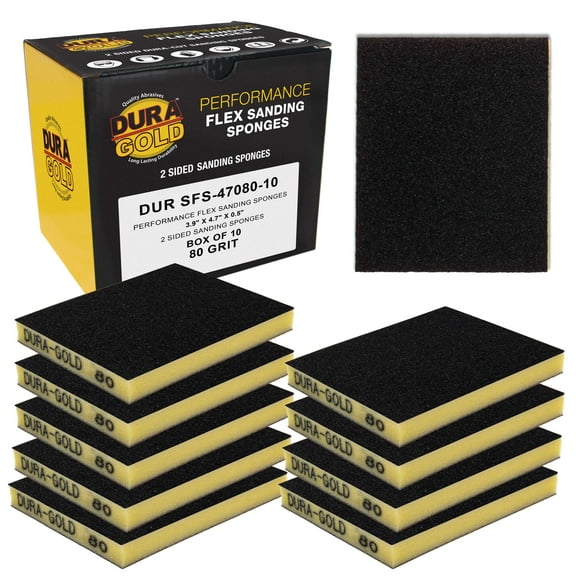 Dura-Gold 80 Grit Double-Sided Sanding Sponges, Box of 10 - Performance Flex 4.7" x 3.9" Wet or Dry Flexible Softback Sandpaper Sponges, Hand Sanding Abrasive Block Pad