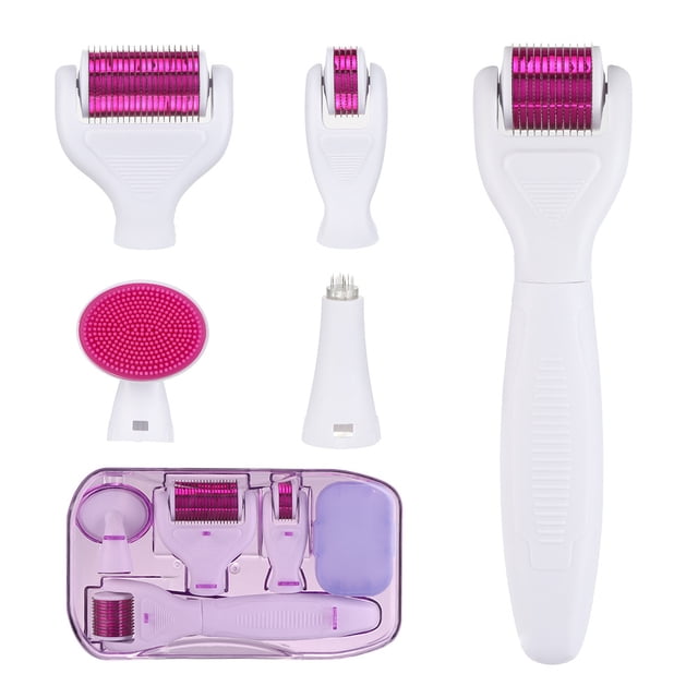 Kit de Rouleau Derma 6 en 1 pour Visage et Corps - Micro Aiguille Dermaroller 0.25Mm et 0.3Mm avec 5 Têtes Remplaçables, Étui de Rangement et Réservoir de Désinfection