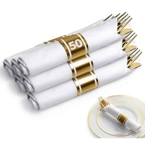 Stock Your Home Pre Rolled Plastic Silverware Set Gold Cutlery with Disposable Napkins, 50 Pack