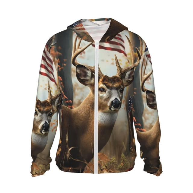 Balery American Wildlife Deer Forest Sudadera ligera de manga larga con capucha y protección solar UPF 50+ para hombre y mujer, ideal para pesca y running-X-Large