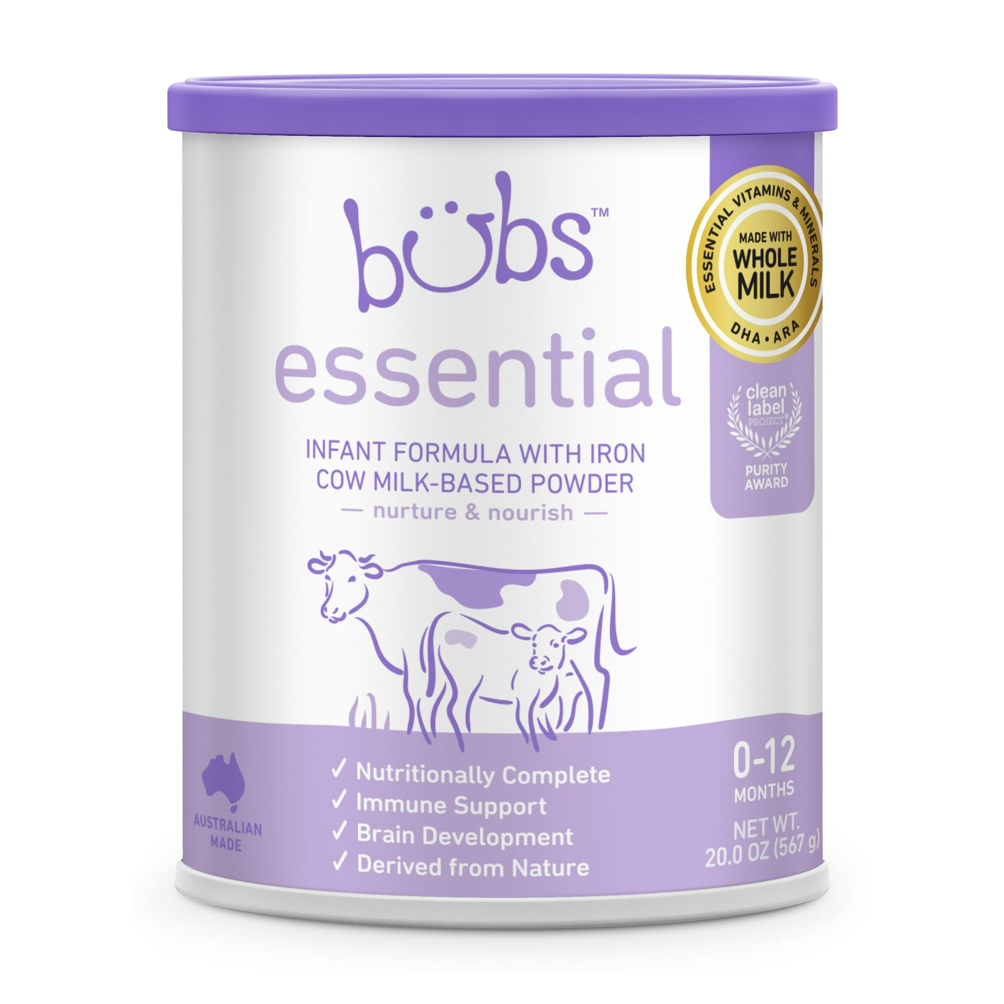 Bubs Essential Baby Formula with Iron, Cow Milk-Based, for Infants 0 to 12 Months, 20 oz