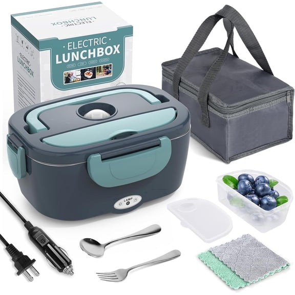 Carestrong Electric-Lunch-Box-Heated-Food-Warmer 40W Heating Lunchbox for Adults 1.5L Portable Food Heater for Work/Car, 12V/24V/110-240V Portable Electric with Fork Spoon (black Green)