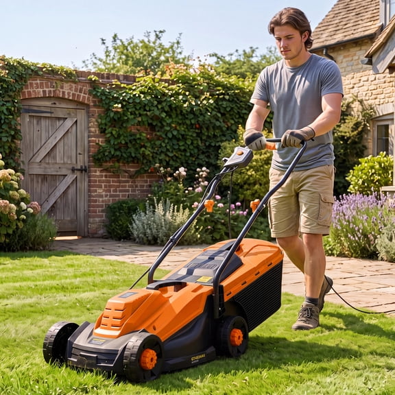 13-Inch Corded Electric Lawn Mower, 12-Amp Motor, 3-Position Height Adjustment, 30 L Bag, Orange