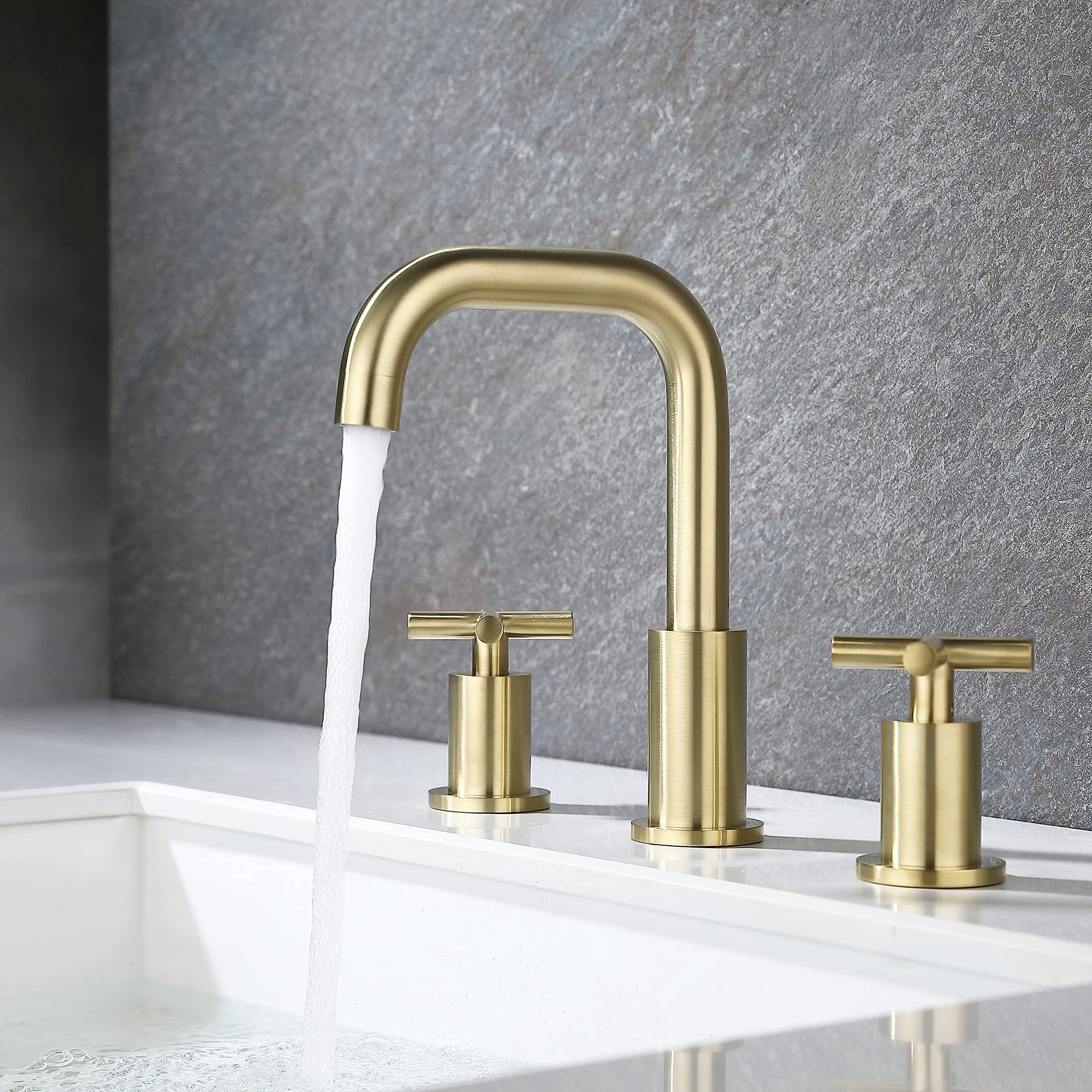 Adorer Brushed Gold 8 Inches Bathroom Faucet, 2 Handles Widespread Bathroom Sink Faucet 3 Hole  with Pop-Up Drain Assembly - 33163BG