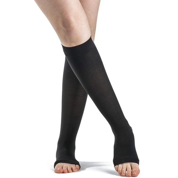 Sigvaris Style 841 Soft Opaque 15-20 Open Toe Knee High Compression Stockings Black ML Long