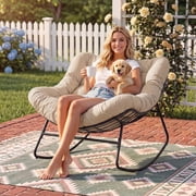 Dovov Oversized Papasan Rocking Chair, Indoor Outdoor Rocking Chair Patio Egg Chair with Cushion, Heavy Duty Steel Papasan Rocker Lounge Chair for Porch Balcony Nursery Living Room, Beige