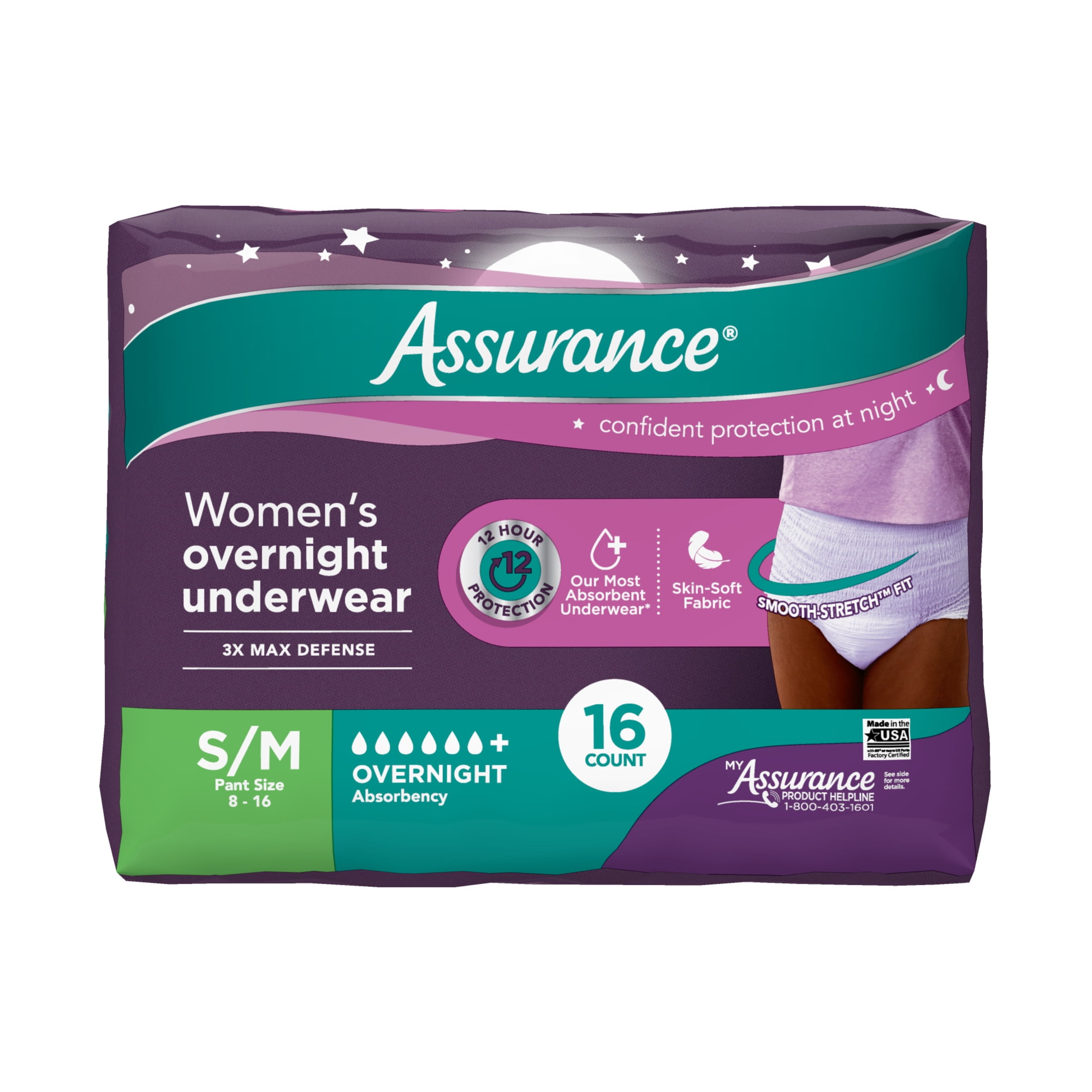 Assurance Women's Overnight Incontinence and Postpartum Underwear, S/M, Ultimate Absorbency, 16 Count