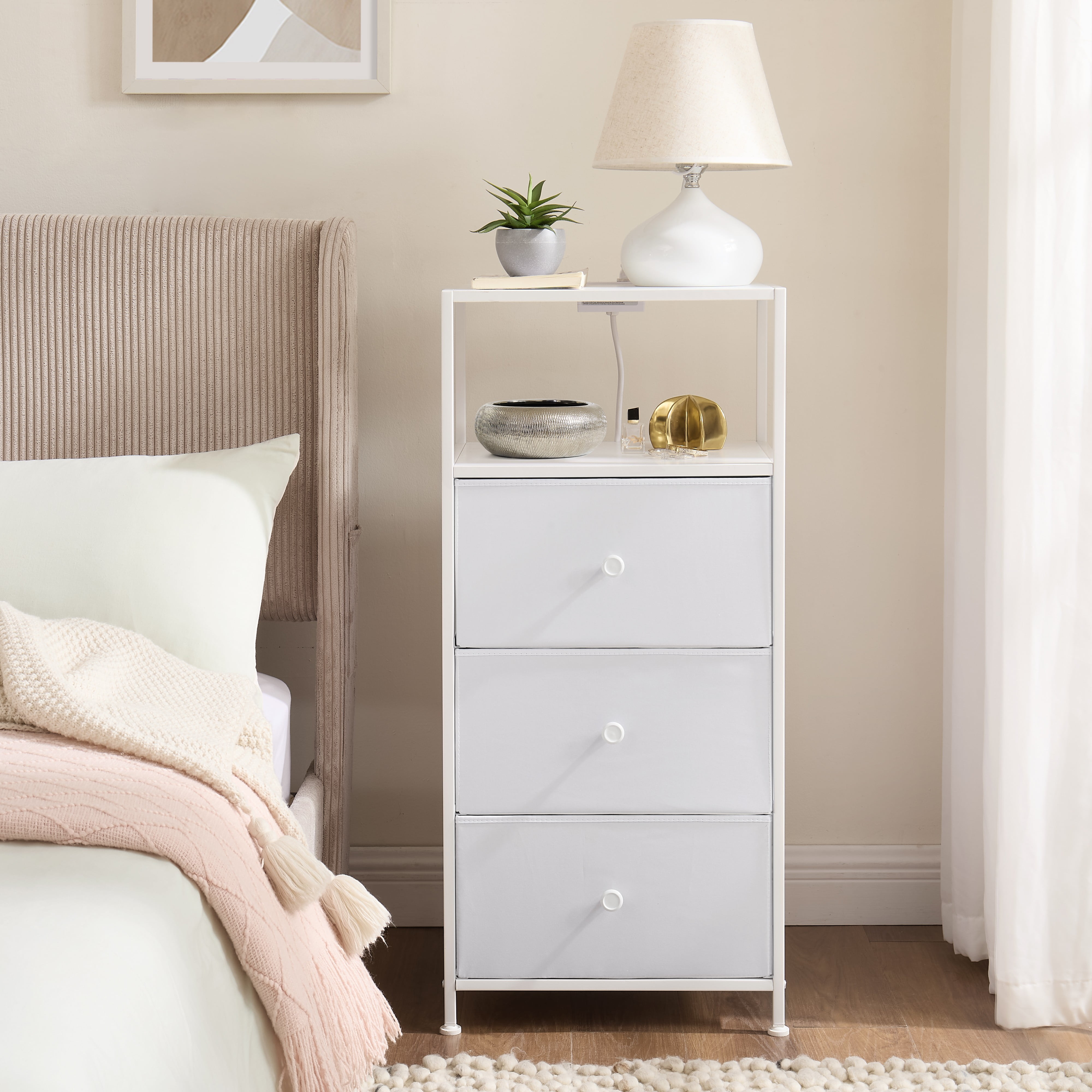 Mainstays 3 Drawer Fabric Nightstand with USB, Arctic White Boucle