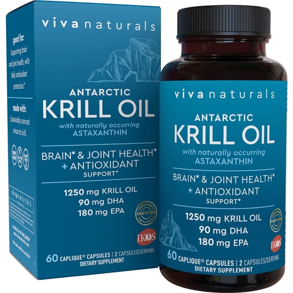 Viva Naturals Antartic Krill Oil 1250 mg, 60 Pescatarian- Friendly Capsules, Brain & Joint Support*