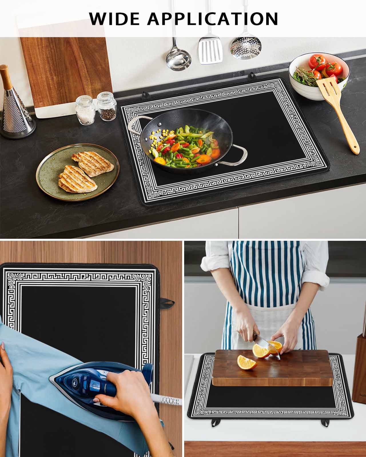 nqOlkjepod Large Induction Cooktop Protector Mat 24"x21", Black Geometric Stove Top Covers for Electric Stove, Country Farm Traditional Chinese Tile Stove Burner Cover Mats, Glass Top Stove Cover