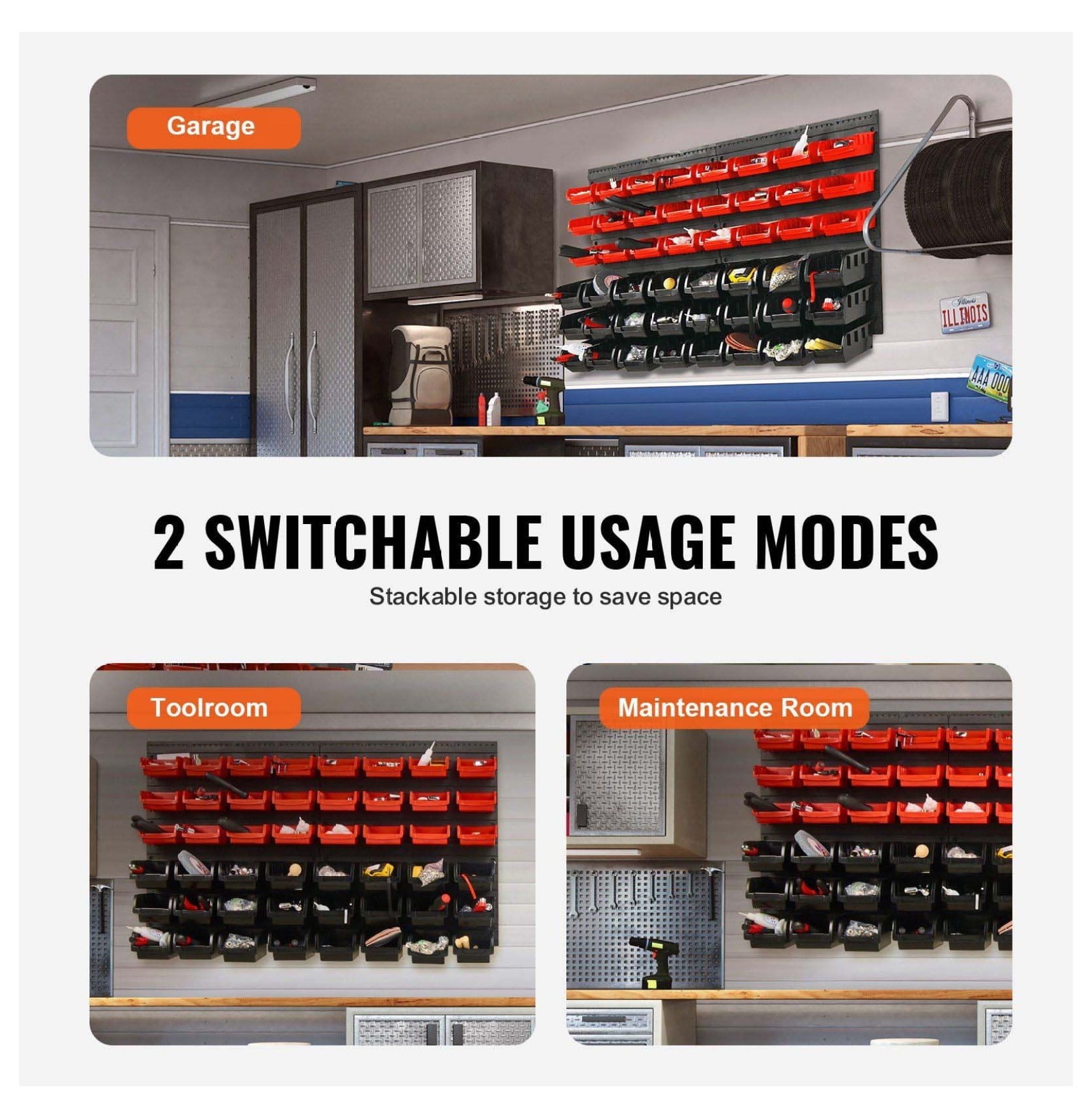Wall Mounted Storage Bins 48-Bin Parts Organizer - Garage Shop Tool Rack - Small Parts Storage for Nuts, Bolts, Screws, Crafts, Beads - Black & Red