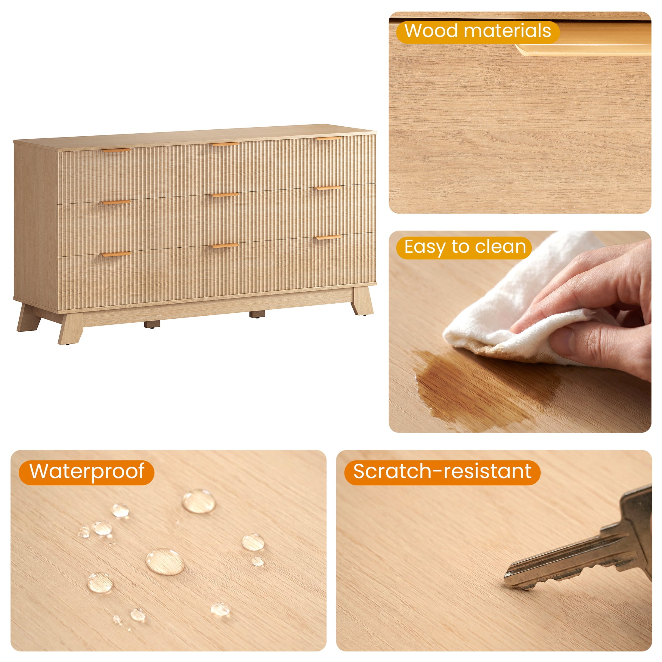 Gianna Fluted Dresser, 9 Drawer Dresser, Modern Wooden Chest of Drawers with Heightened Legs for Bedroom, Natural Wood