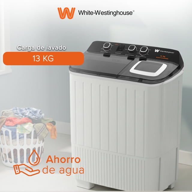 White Westinghouse Lavadora Doble Tina 13 kg WWXCTT23905BK Gabinete en polipropileno 4 niveles de agua 3 perillas de control Bajo consumo de energía Ahorro de agua