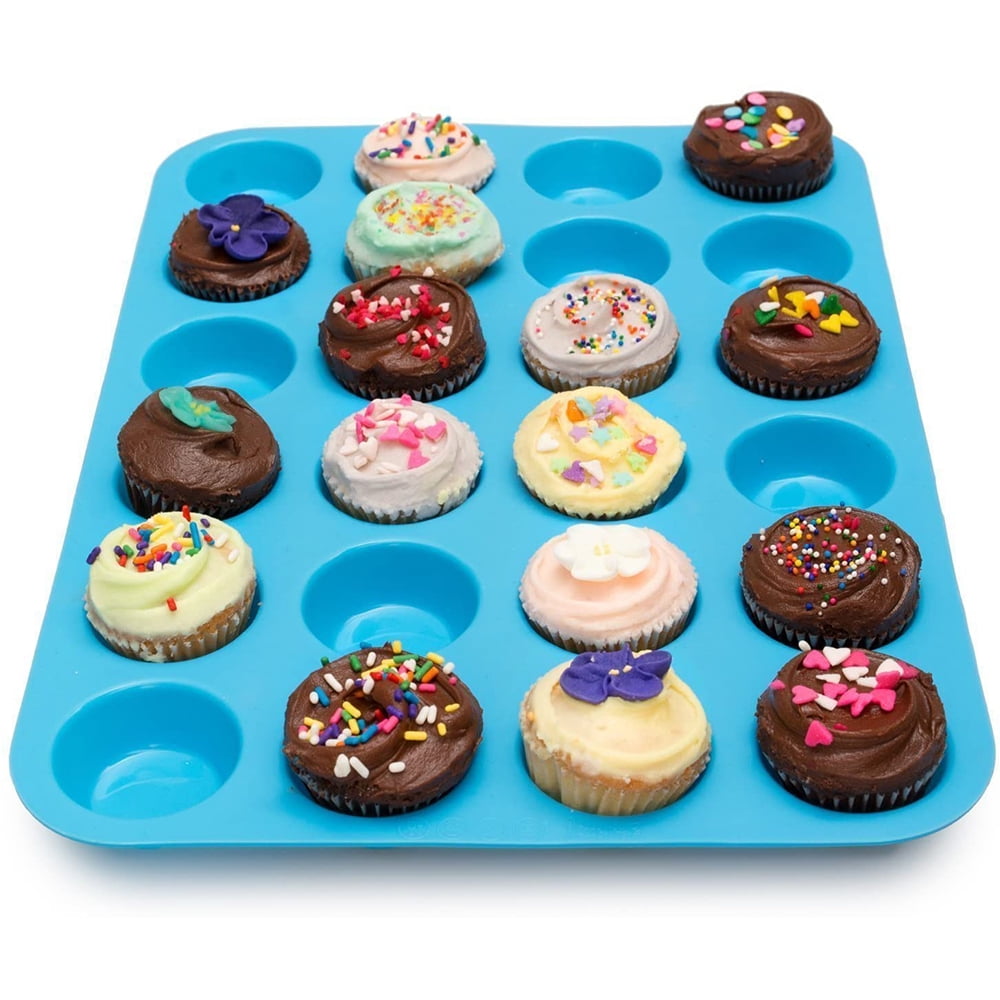 Chlua Mini Silicone Muffin Pan 24 Cups Mini Cupcake Pan Bpa Free And Dishwasher Safe Non Stick Silicone Baking Pan Blue 33 22 Cm