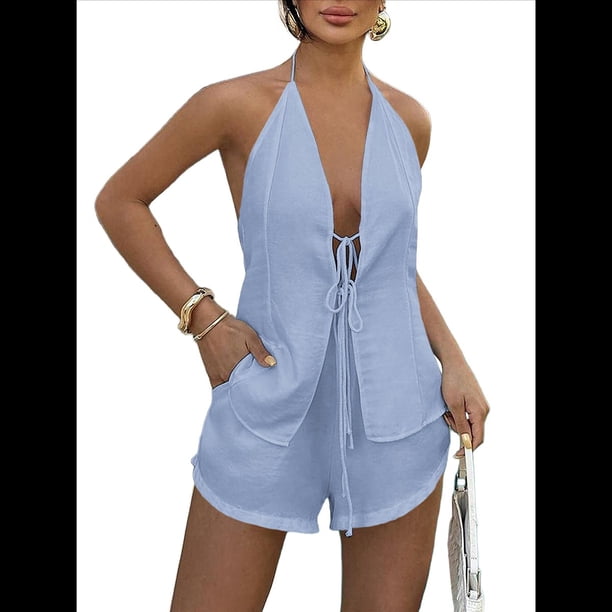 Conjunto de 2 Piezas de Top Holgado de Verano para Mujer, Sexy, con Espalda Descubierta, Cuello Halter y Lazo Frontal, y Pantalones Cortos de Cintura Alta. Azul L