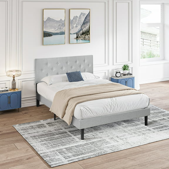 Queen Size Upholstered Platform Bed Frame with Modern Button Tufted Linen Fabric Headboard, No Box Spring Needed, Wood Slat Support, Easy Assembly, Grey