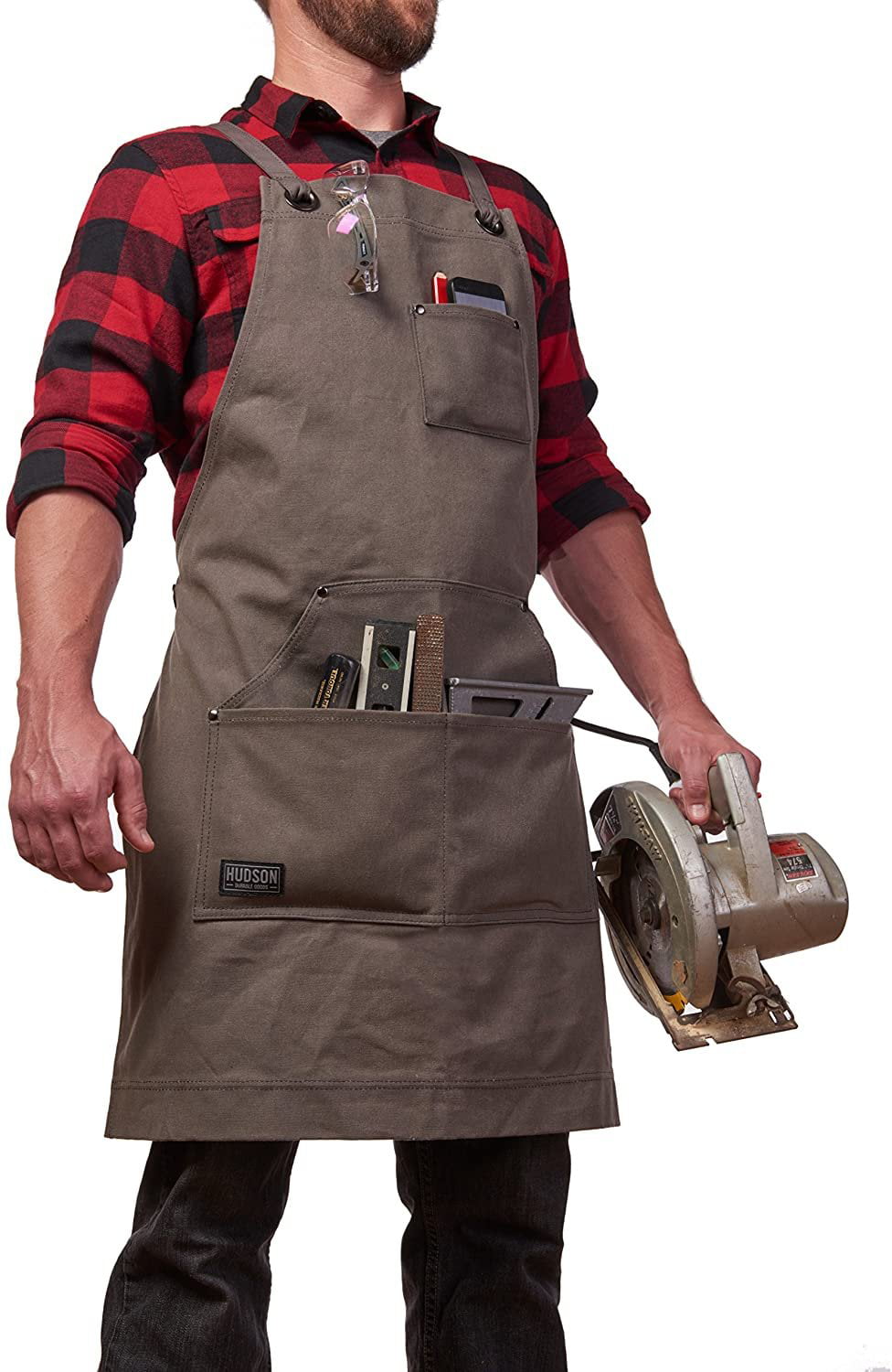 Adjustable M to XXL Housolution Work Apron Multipurpose Heavy Duty Waxed Canvas Waterproof Oil-resistant Tools Apron with Tool Pockets for Woodworking Crafting Painting etc Brown Cross-Back Straps 