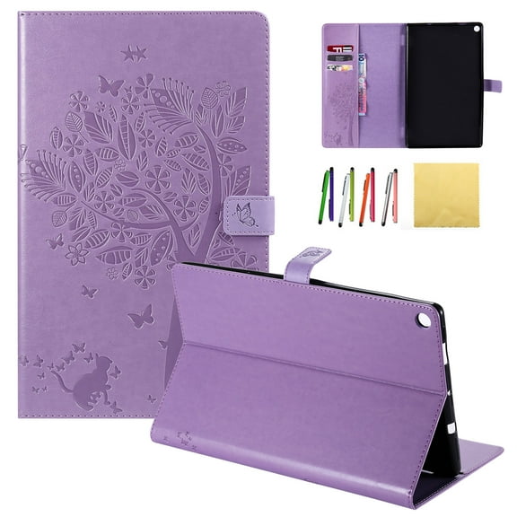 Fire HD 10.1 2017 & 2015 Case, Allytech Embossed Cat & Tree PU Leather Stand Folio Wallet Case Cover with Credit Card Slots for Amazon Fire HD 10.1 (5th/7th Generation, 2015 & 2017), Purple
