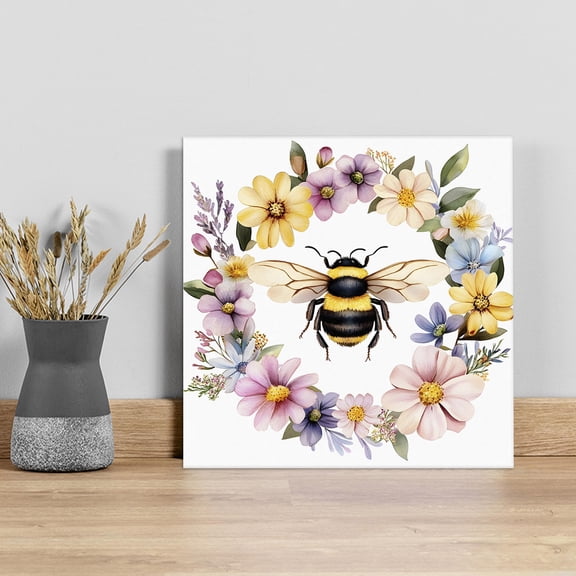 Rustic Bee Garland Wall Art Painting on Canvas, Spring Watercolor Flowers Canvas Art Home Prints Wall Art Framed Modern Artwork for Living Room Bedroom Wall Decor 8x8in