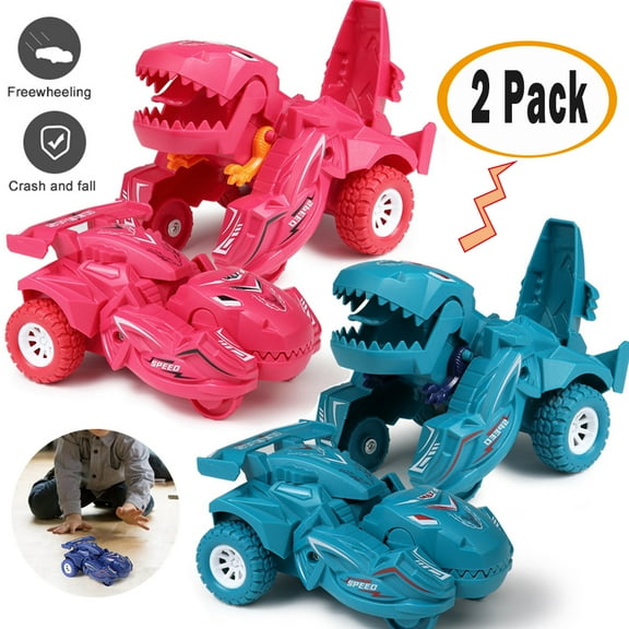 TRARIND 2 in 1 Deformation Dinosaur Car Toy, 2 Pack Inertial Slide Toy Car Transform Car Robot Toys Pull Back Vehicles for Kids Ages 3 4 5 6 7 Year Old - Christmas Birthday Gift Dino Toys