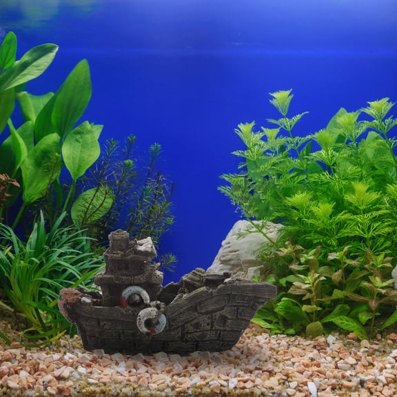 Supvox Dark Brown Resin Sunken Ship Aquarium Decor with Porous Hiding Place for Fish
