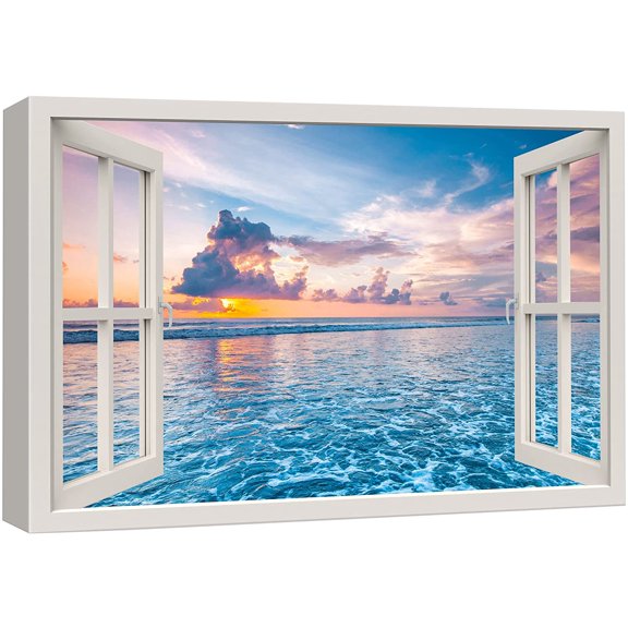 wall26 Canvas Print Wall Art Window View Sunset Sky Blue Ocean Tropical Paradise Wilderness Nature Photography Realism Scenic Landscape Colorful Multicolor for Living Room, Bedroom, Office - 24"