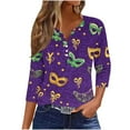 thumbnail image 2 of Ounisa Womens Funny Mardi Gras 3/4 Sleeve Sequins Mask Printed Shirts Tunics 2025 Trendy Holiday T-Shirts Carnival Tops, 2 of 5