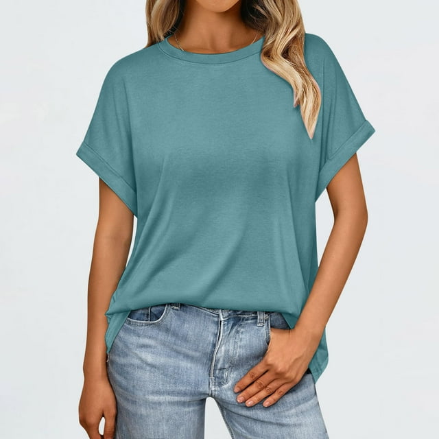 Binmer Women's Solid Color Casual Bate Sleeve Round Neck Short Sleeved