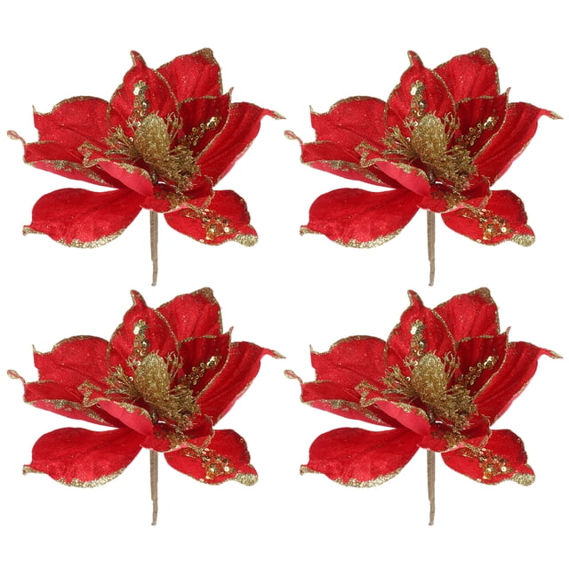 GOOHOCHY 4 piezas de flores de Nochebuena, adornos navideños de flores artificiales para el árbol de Navidad