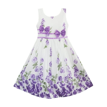 Girls Dress Purple Rose Flower Double Bow Tie Party Kids Sundress 4-5