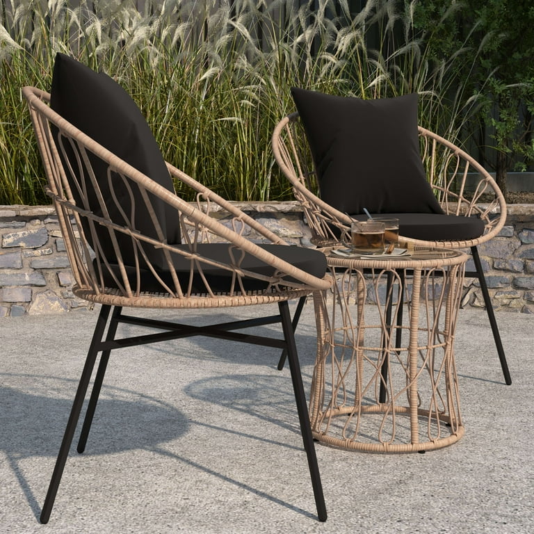 Merrick Lane 3 Piece Patio Set with Tan Rope Rattan Chairs Matching Glass Top Side Table and Black Cushions for Indoor Outdoor Use
