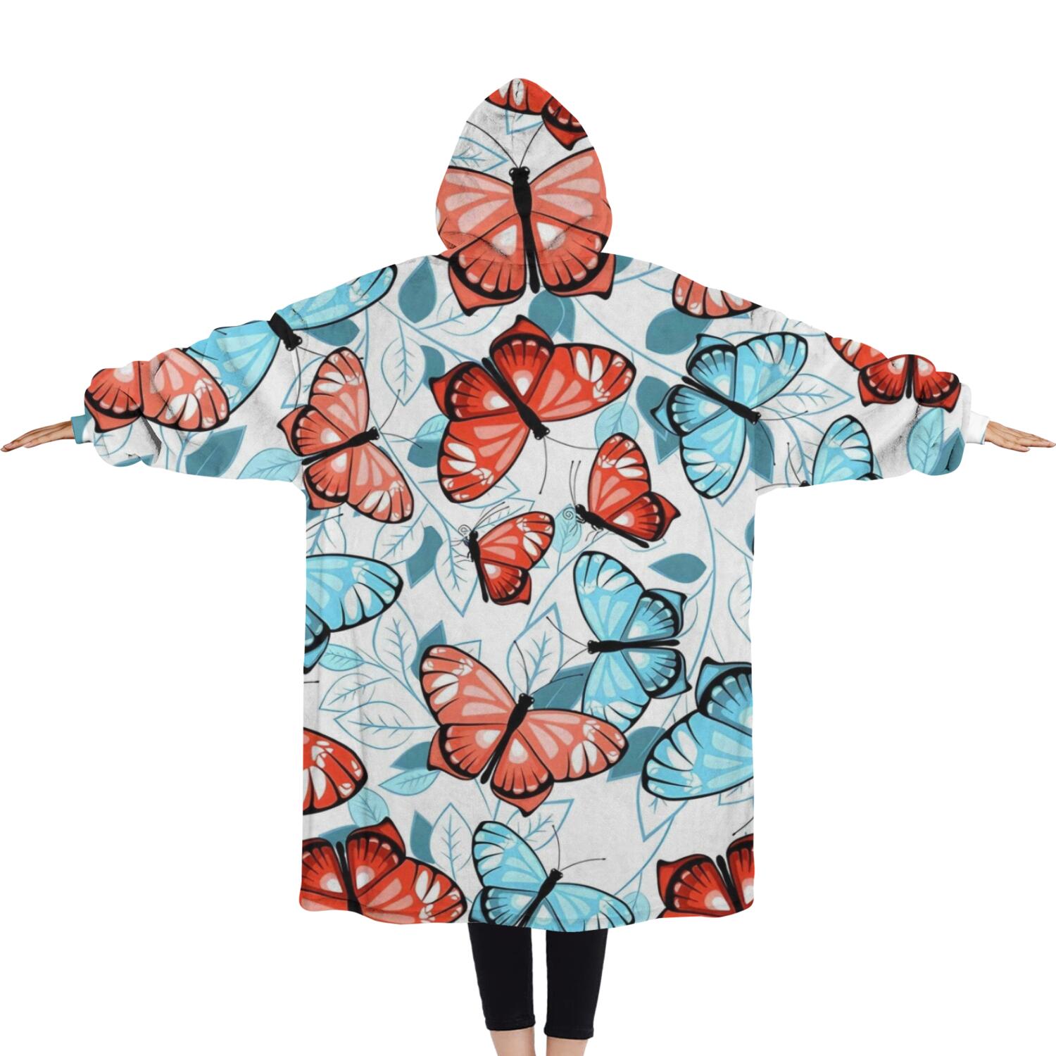 Oversized Wearable Blanket Hoodie,White Butterfly Red Blue Leaf Pattern Sherpa Blanket Hoodie with Super Pockets,Super Warm Fuzzy Pullover for Women & Men