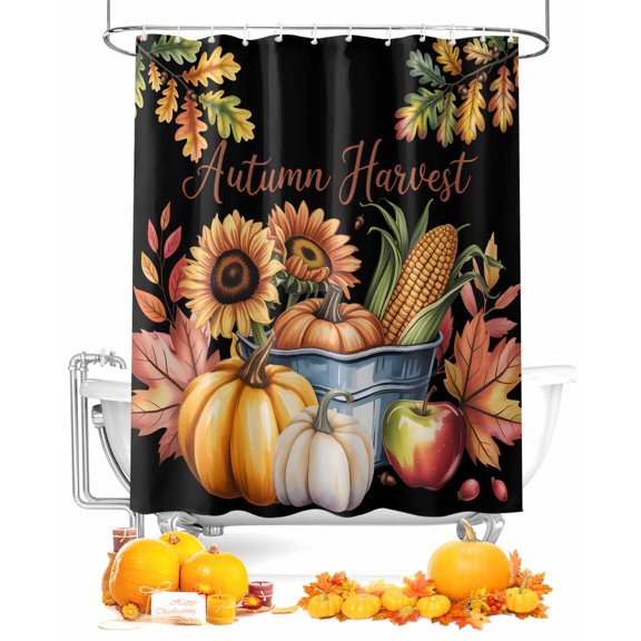 Fall Shower Curtain Autumn Harvest Pumpkin Bathroom Curtains with Hooks, Waterproof Fabric Corn Maple Leaves Black Thanksgiving Bath Shower Curtains Set for Bathroom Bathtubs Decor 72x84 Inch